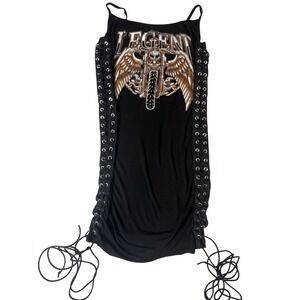 Black Lace-Up Side Graphic Tank Dress‎ Motorcycle Wing Print Size S